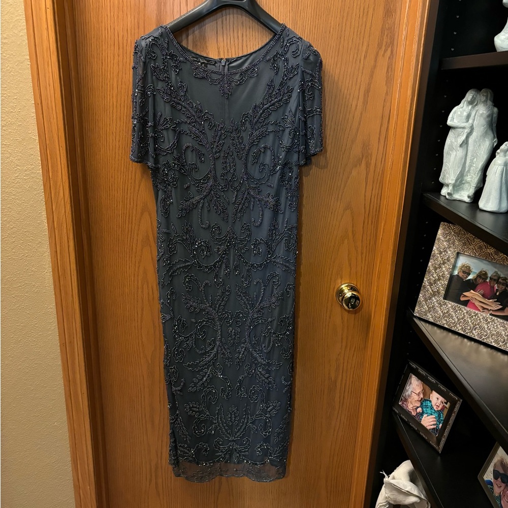 Slate blue Pizarro Nights beaded knee length dress, size 16. Worn once.
